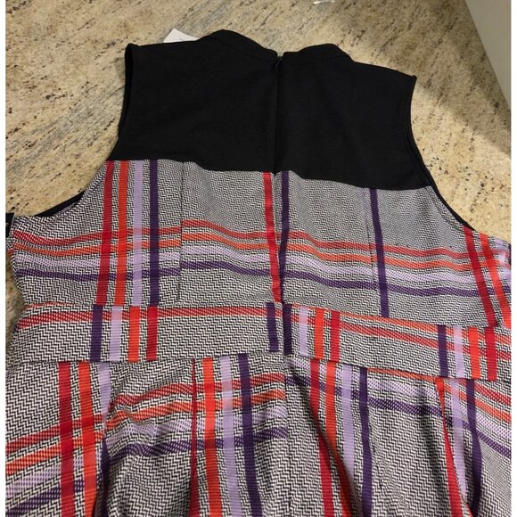 New! Mock Neck Purple Red Gray Plaid NY&Co. Dress Sz XL Pockets Academia Midi - Picture 15 of 16